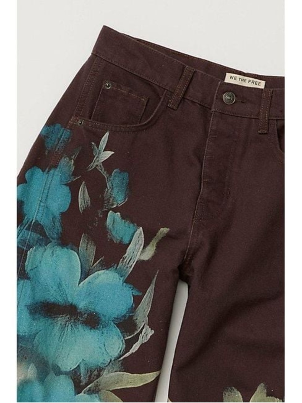 Free People Wide-Leg Painterly Floral Pants in Teal & Brown - Picture 7 of 8